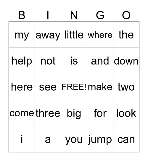 Sight Words Bingo Card