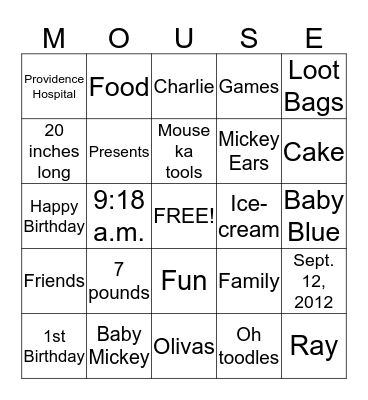 Charlie's 1st Birthday Bingo Card