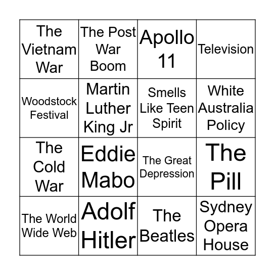 20th Century Bingo  Bingo Card