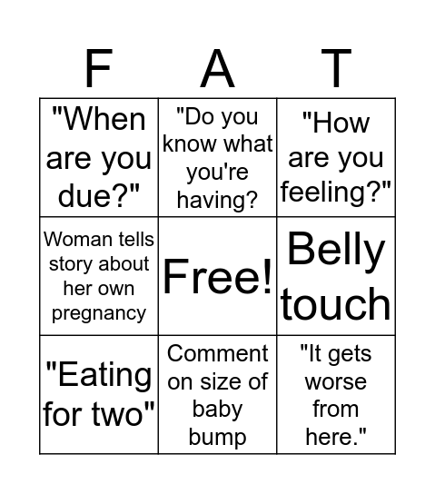 Pregnant Holiday BINGO Card