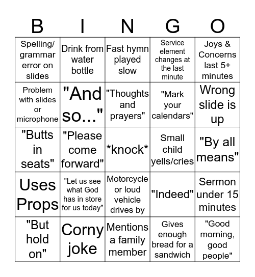 Church Service Bingo Card