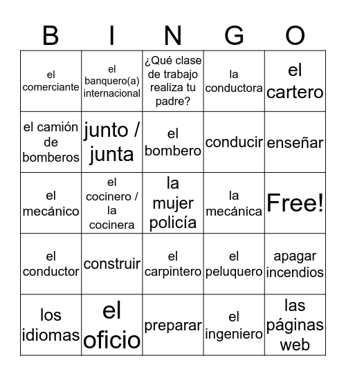 Ch 2, Pt 1 Vocabulary Only Spanish 2 Bingo Card