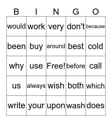 Sight Word Bingo Card