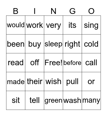 Sight Word Bingo Card