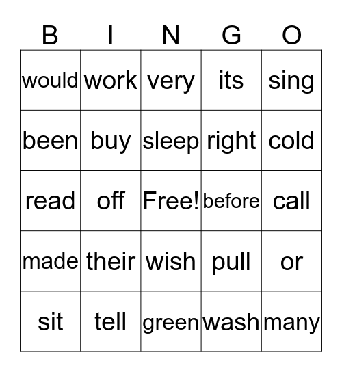 Sight Word Bingo Card