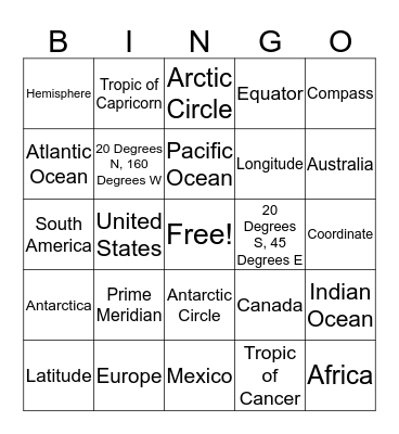 Latitude and Longitude Bingo Card