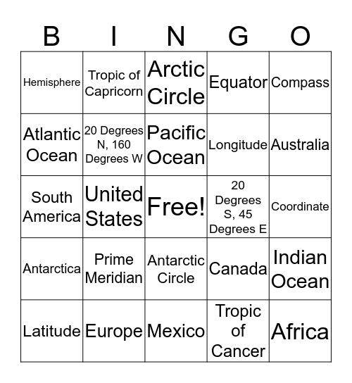 Latitude and Longitude Bingo Card