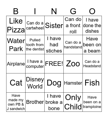 Getting to know each other/equipment Bingo Card