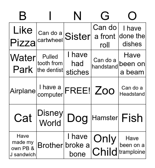 Getting to know each other/equipment Bingo Card