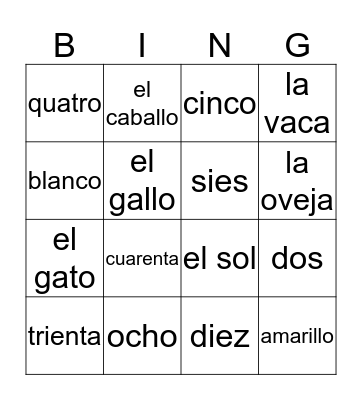 Spanish Colors, Numbers and Animals Bingo Card