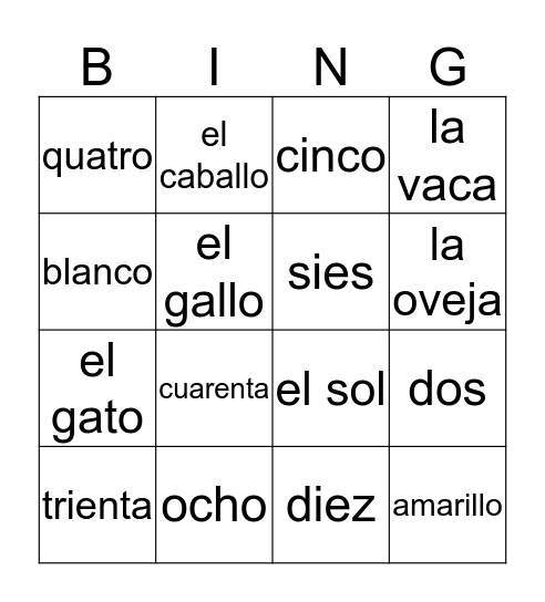 Spanish Colors, Numbers and Animals Bingo Card