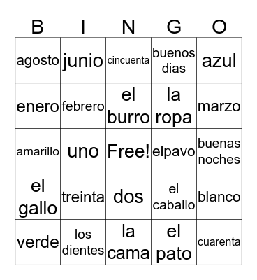 Spanish Colors, Months, Numbers, and Greetings 2 Bingo Card