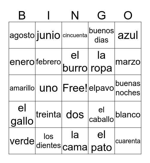 Spanish Colors, Months, Numbers, and Greetings 2 Bingo Card