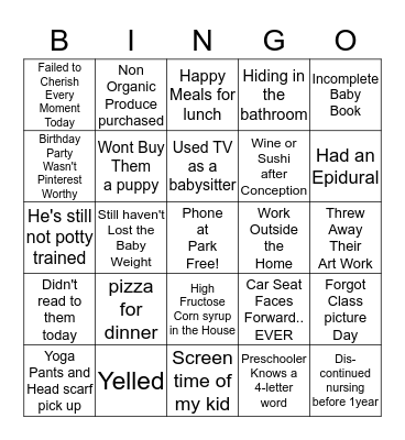 Mom Guilt  Bingo Card