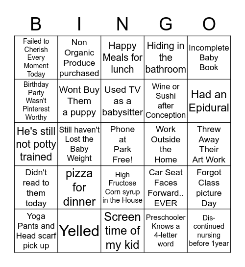 Mom Guilt  Bingo Card