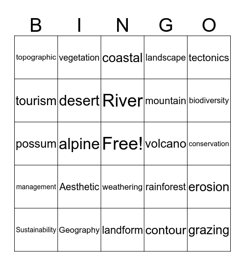 Geographical Terms Bingo Card