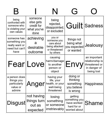 Prompting Events for Emotions Bingo Card