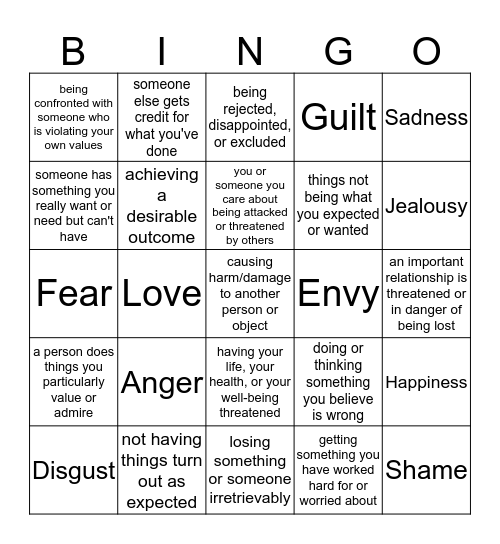 Prompting Events for Emotions Bingo Card