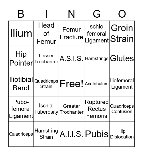 Hip Anatomy & Injuries Bingo Card