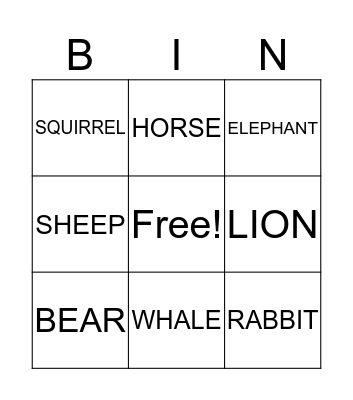 Animals  Bingo Card