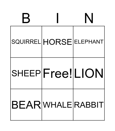Animals  Bingo Card