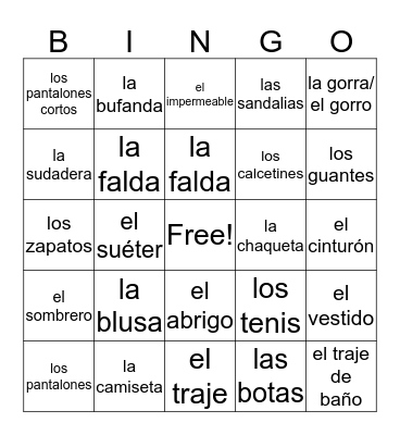 La Ropa Bingo Card