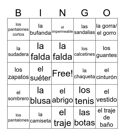 La Ropa Bingo Card