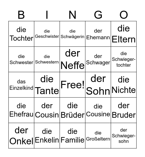 Familie Bingo Card