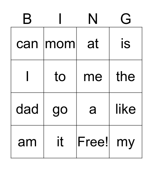 Sight Word Bingo Card