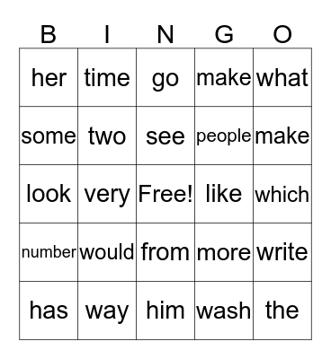 1st 100 sight words Bingo Card