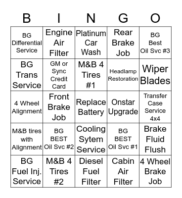 Service Lane Bingo Card