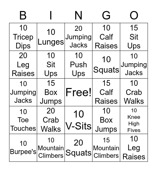 Fitness Bingo Card