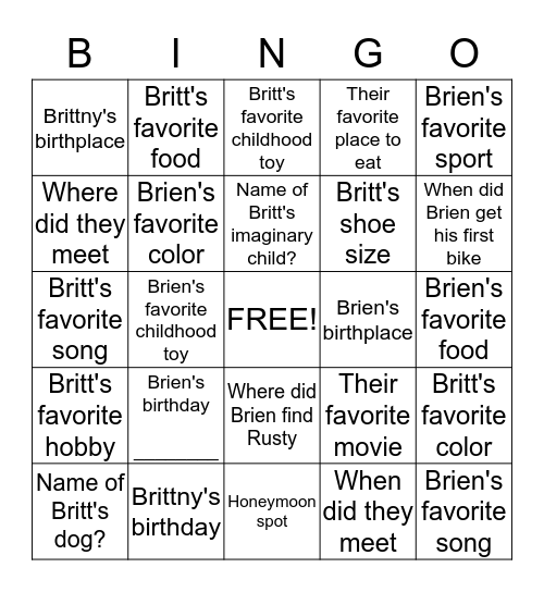Brittny & Brien Bingo Card