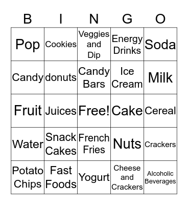 Snack Foods and Drinks Bingo Card