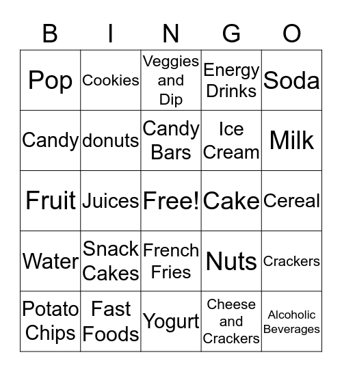 Snack Foods and Drinks Bingo Card