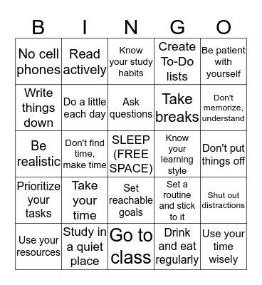 STUDY SKILLS BINGO! Bingo Card