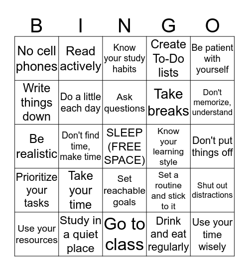 STUDY SKILLS BINGO! Bingo Card
