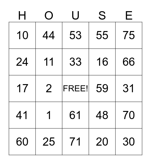 House Bingo Card