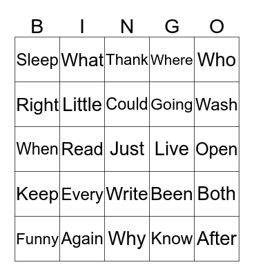Second Grade Words Bingo Card