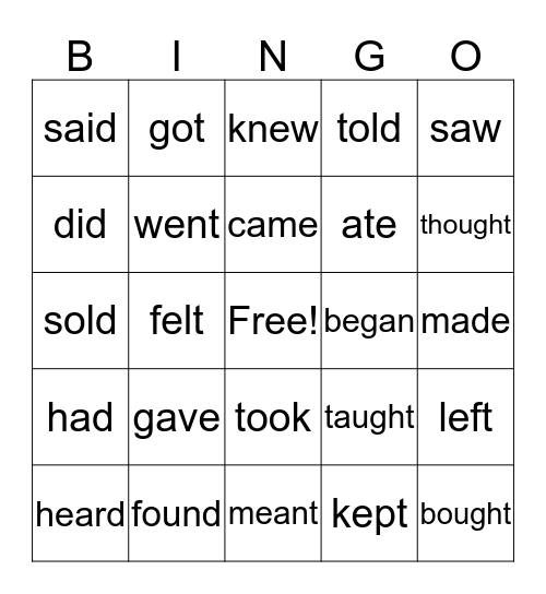 Irregular Verbs Bingo Card