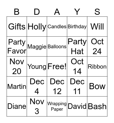 OAO 4th Quarter Birthdays Bingo Card