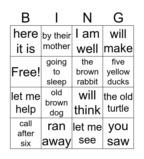 Dolch Phrases List #6 Bingo Card