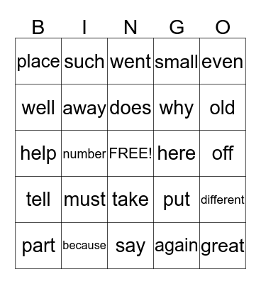 Sight Word Bingo Card