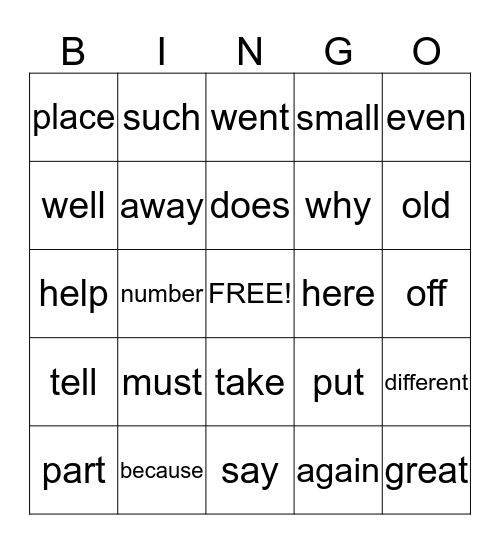 Sight Word Bingo Card