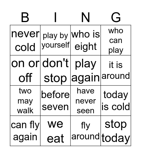 Dolch Phrases List #7 Bingo Card