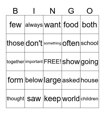 Sight Word Bingo Card