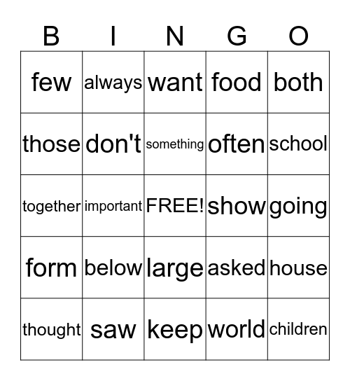 Sight Word Bingo Card