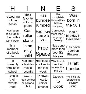 Hines Holiday Get to Know You Bingo Card