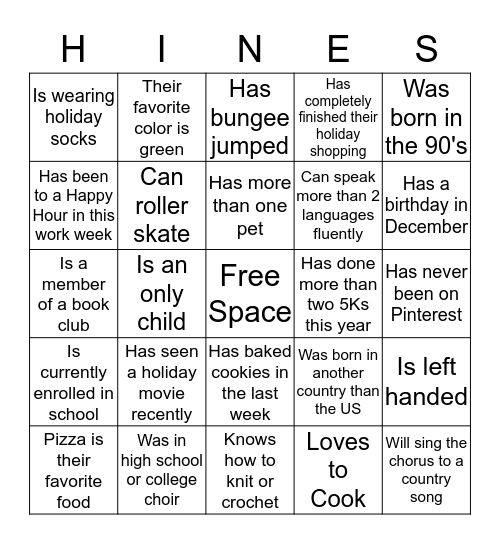 Hines Holiday Get to Know You Bingo Card
