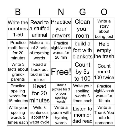 Homework Bingo Card